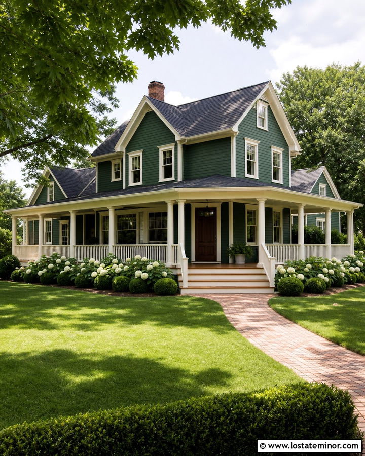 Forest Green House With Cream Wraparound Railings - 30 Forest Green House Design With Railings Ideas