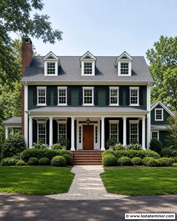 Forest Green House With Crisp White Trim - 30 Forest Green House Design With Trim Ideas