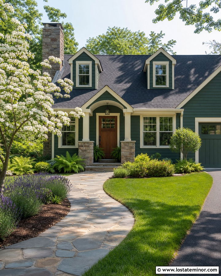 Forest Green House With Curved Stone Walkway - 30 Forest Green House Design With Walkway Ideas