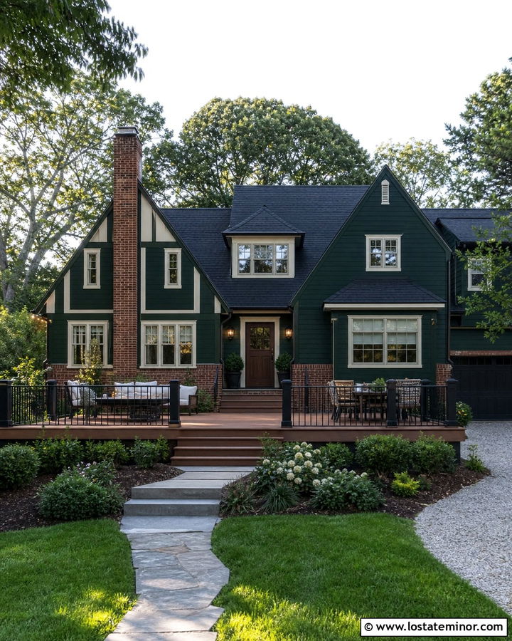 Forest Green House With Deck And Brick Accents - 30 Forest Green House Design With Deck Ideas