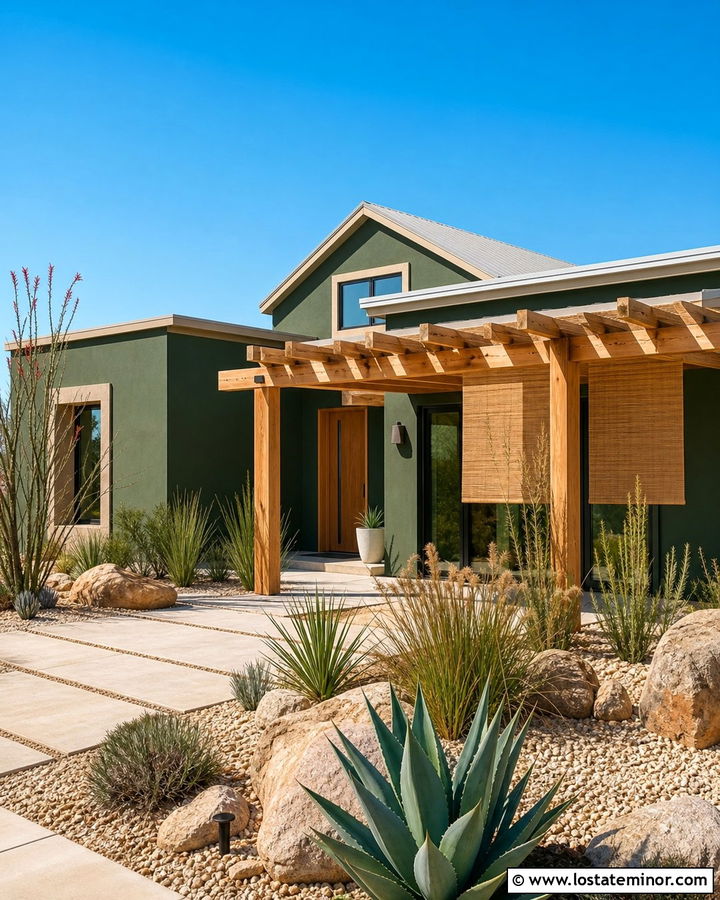 Forest Green House With Desert Landscape Pergola - 30 Forest Green House Design With Pergola Ideas