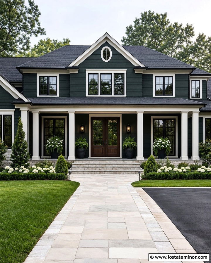 Forest Green House With Double Front Doors - 30 Forest Green House Design With Front Porch Ideas