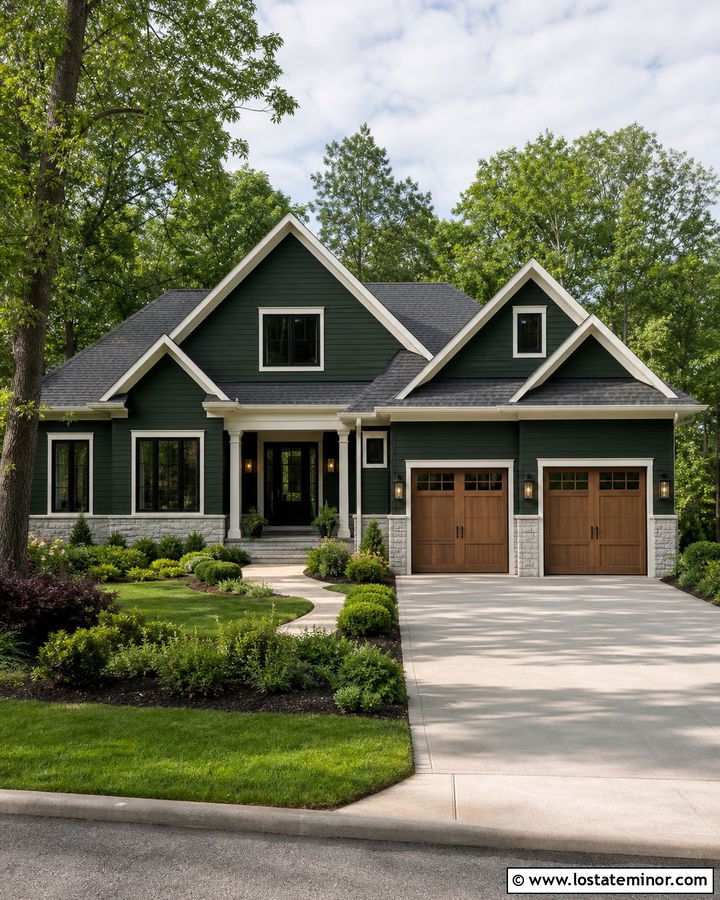 Forest Green House With Double Garage Lighting - 30 Forest Green House Design With Lighting Ideas