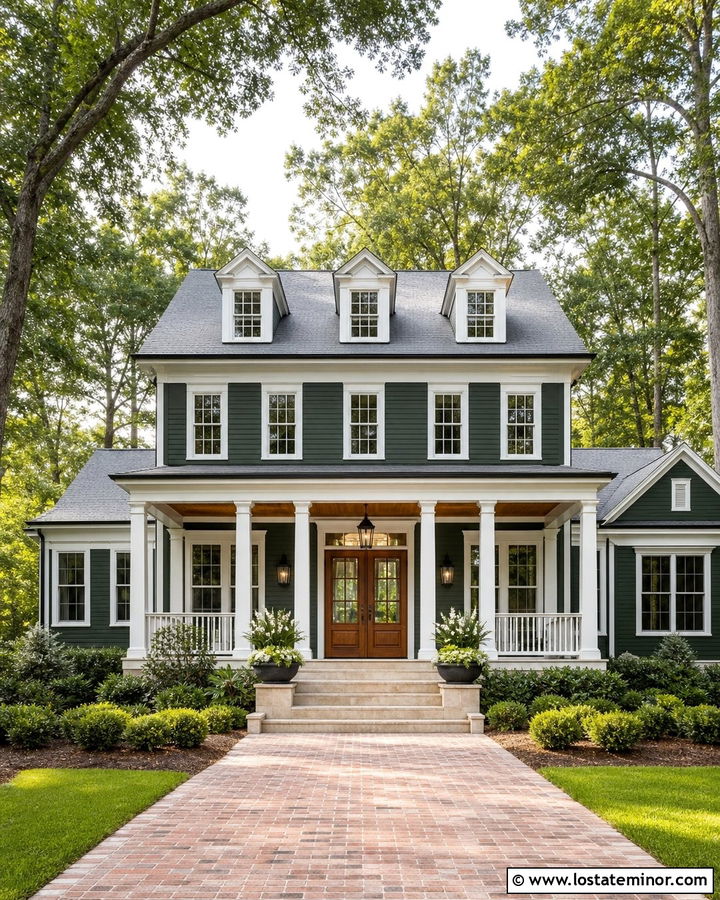 Forest Green House With Double Wood Front Doors - 30 Forest Green House Design With Front Door Ideas