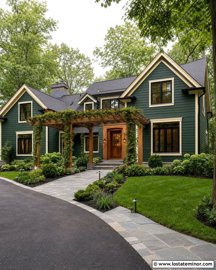Forest Green House With Entry Walkway Pergola - 30 Forest Green House Design With Pergola Ideas