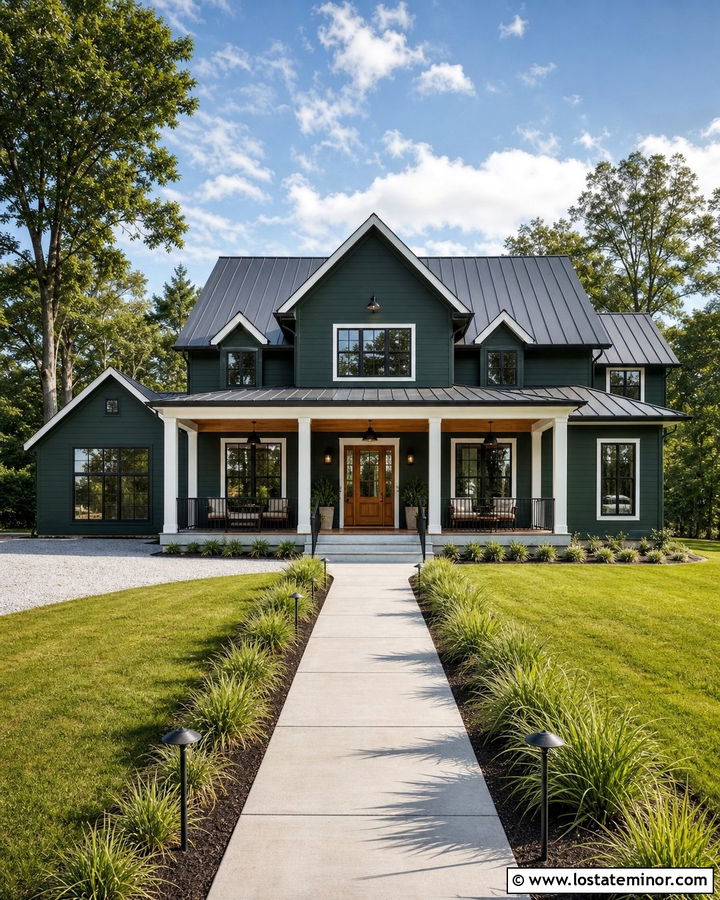 Forest Green House With Farmhouse Porch Lighting - 30 Forest Green House Design With Lighting Ideas