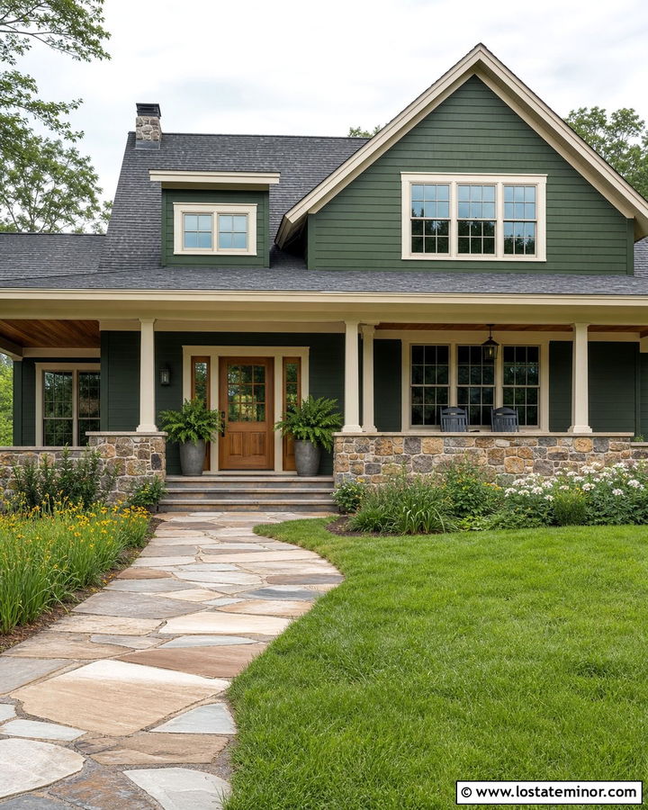 Forest Green House With Fieldstone Wainscoting - 30 Forest Green House Design With Wainscoting Ideas