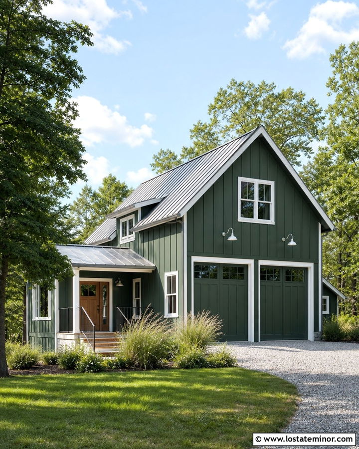 Forest Green House With Galvanized Barn Lights - 30 Forest Green House Design With Light Fixtures Ideas