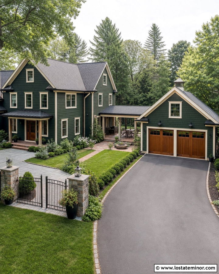 Forest Green House With Garage And Courtyard Backyard - 30 Forest Green House Design With Backyard Ideas