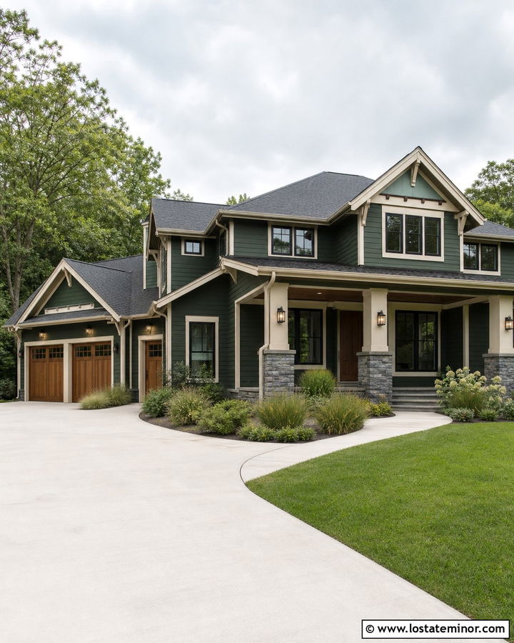 Forest Green House With Garage Uplighting - 30 Forest Green House Design With Lighting Ideas