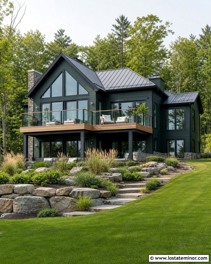 Forest Green House With Glass Deck Railings - 30 Forest Green House Design With Railings Ideas