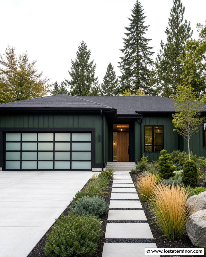Forest Green House With Glass Garage Door - 30 Forest Green House Design With Garage Door Ideas