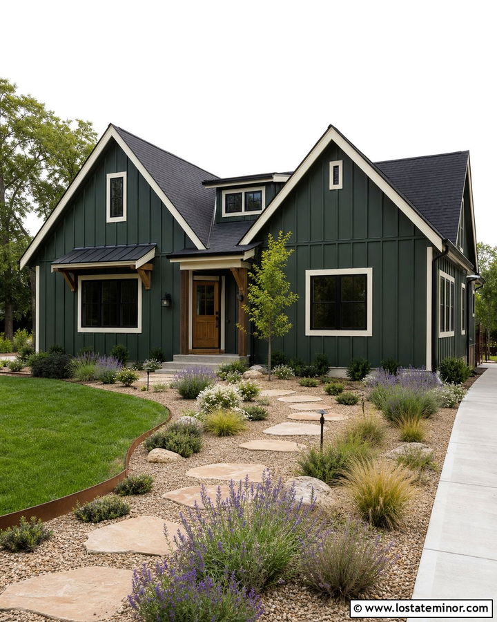 Forest Green House With Gravel Garden Landscaping - 30 Forest Green House Design With Landscaping Ideas