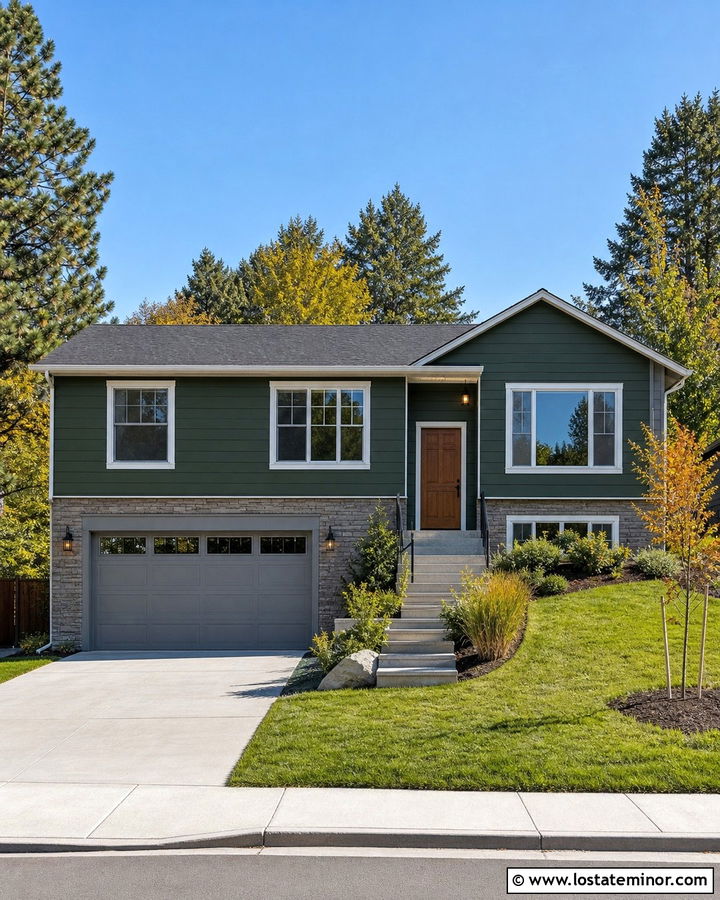 Forest Green House With Gray Garage Door - 30 Forest Green House Design With Garage Door Ideas