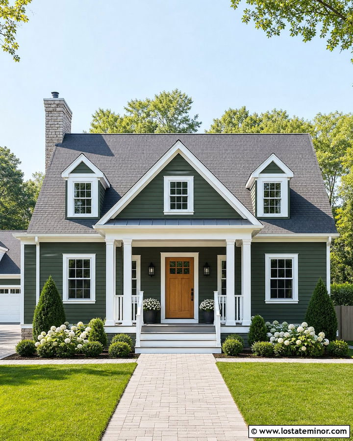 Forest Green House With Gray Roof And White Railings - 30 Forest Green House Design With Railings Ideas