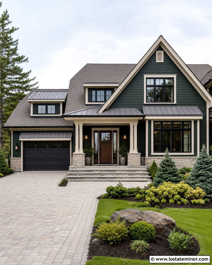 Forest Green House With Gray Standing Seam Awnings - 30 Forest Green House Design With Awning Ideas