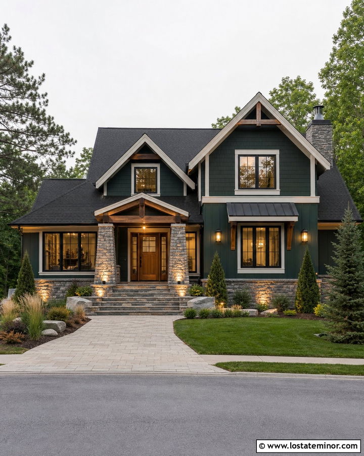 Forest Green House With Gray Stone And Uplighting - 30 Forest Green House Design With Lighting Ideas