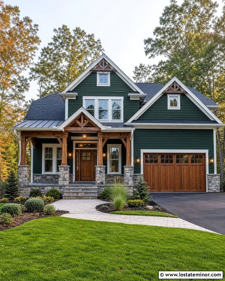 Forest Green House With Gray Stone Front Porch - 30 Forest Green House Design With Front Porch Ideas
