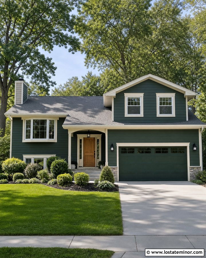 Forest Green House With Green Garage Door - 30 Forest Green House Design With Accents Ideas