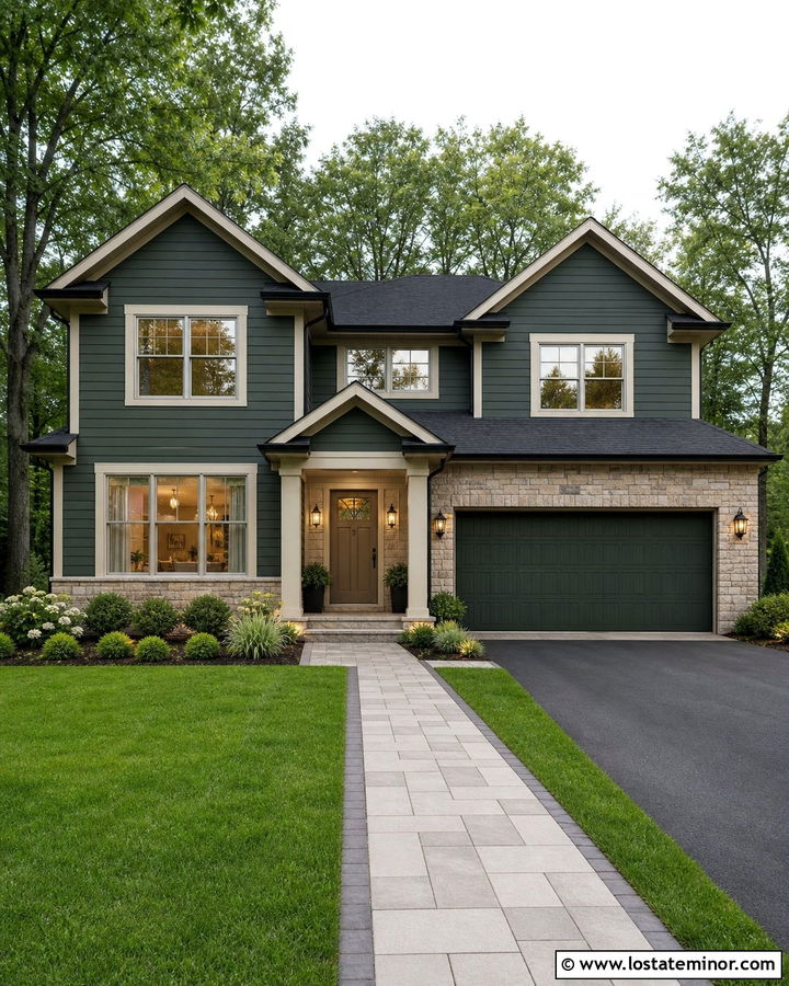 Forest Green House With Greige Front Door - 30 Forest Green House Design With Front Door Ideas