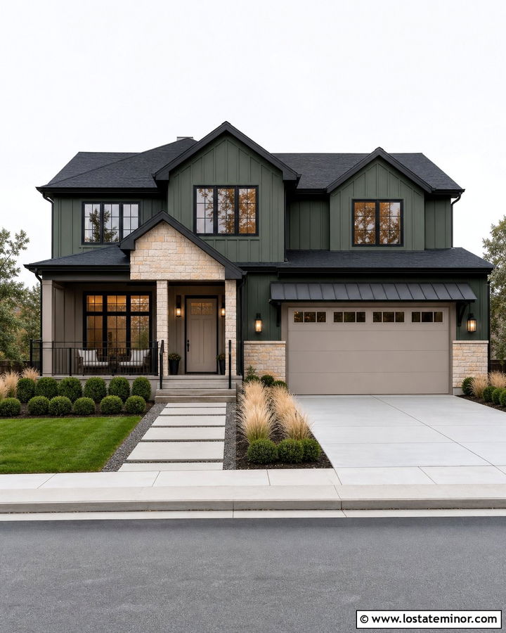 Forest Green House With Greige Front Door - 30 Forest Green House Design With Entry Door Ideas