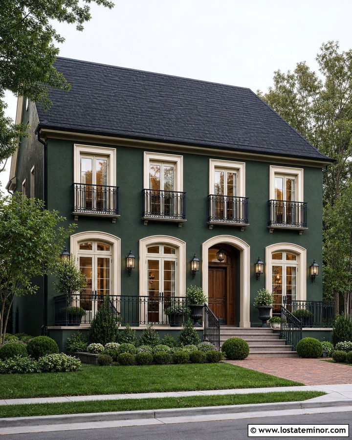 Forest Green House With Juliet Balcony Railings - 30 Forest Green House Design With Railings Ideas