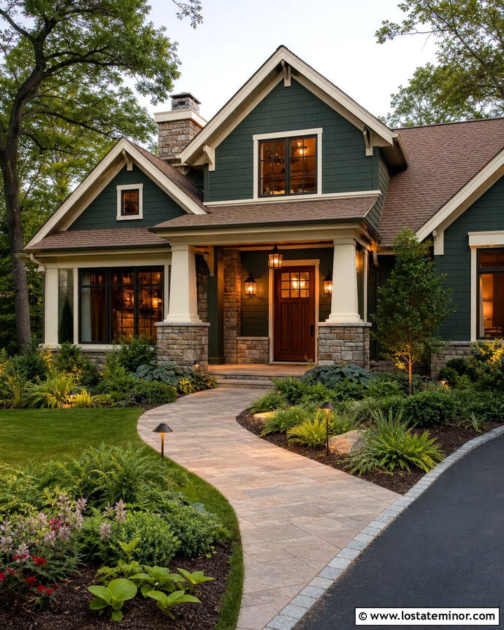 Forest Green House With Landscape Spotlighting - 30 Forest Green House Design With Lighting Ideas