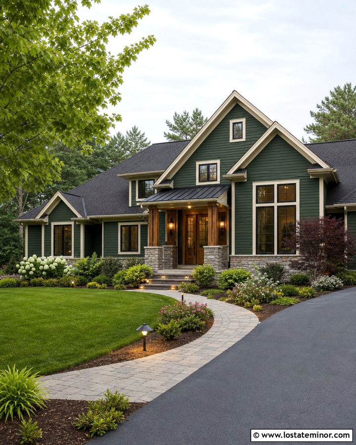 Forest Green House With Layered Exterior Lighting - 30 Forest Green House Design With Lighting Ideas