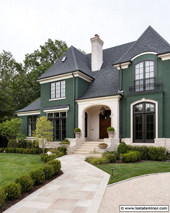 Forest Green House With Limestone Front Porch - 30 Forest Green House Design With Front Porch Ideas