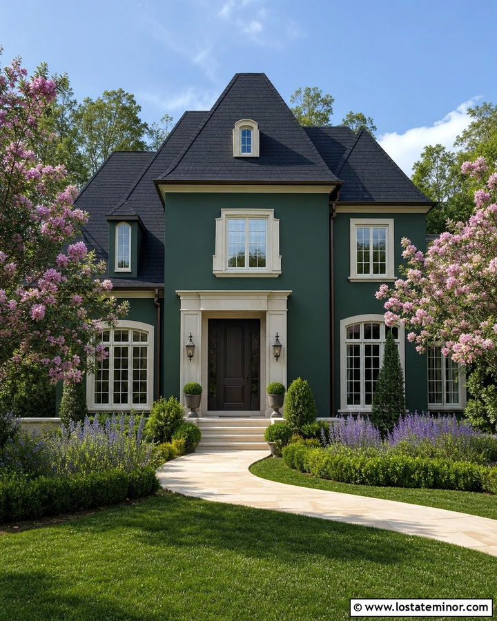 Forest Green House With Limestone Steps And Stone Accents - 30 Forest Green House Design With Steps Ideas