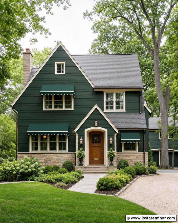 Forest Green House With Matching Green Awnings - 30 Forest Green House Design With Awning Ideas