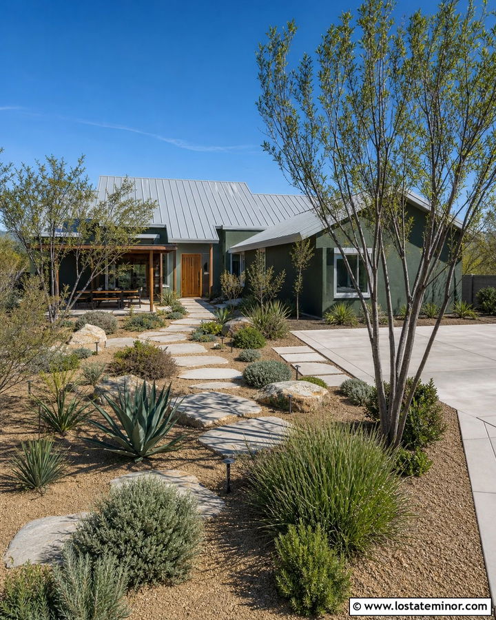 Forest Green House With Metal Roof And Dry Garden - 30 Forest Green House Design With Backyard Ideas