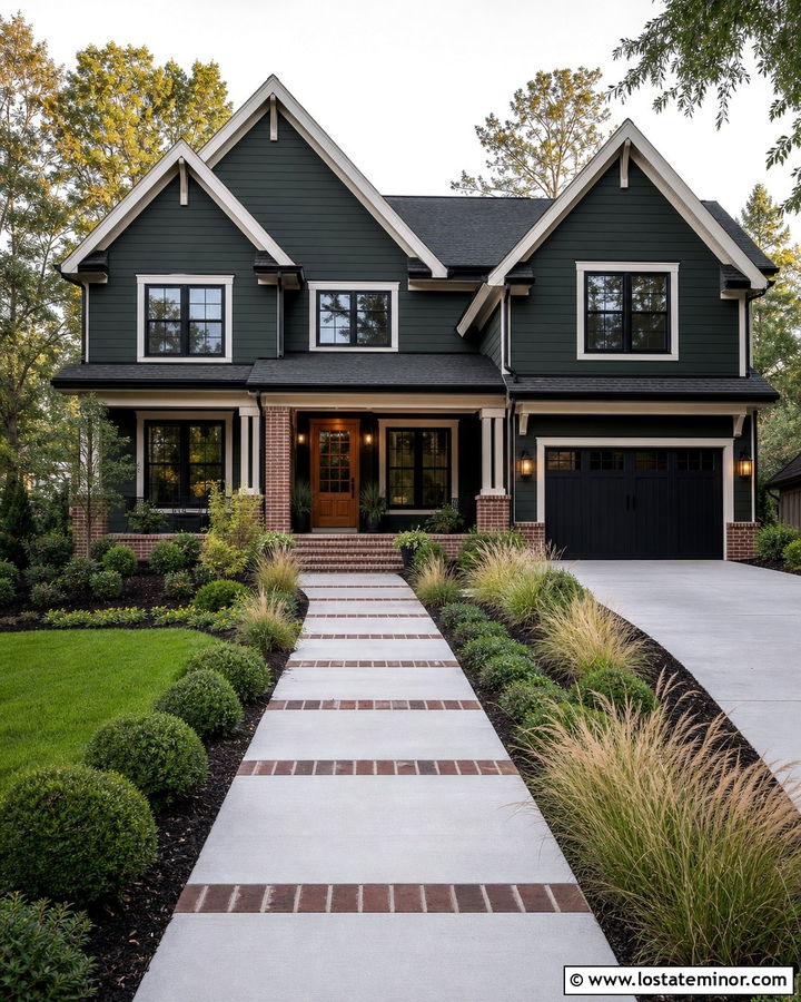 Forest Green House With Mixed Material Walkway - 30 Forest Green House Design With Walkway Ideas