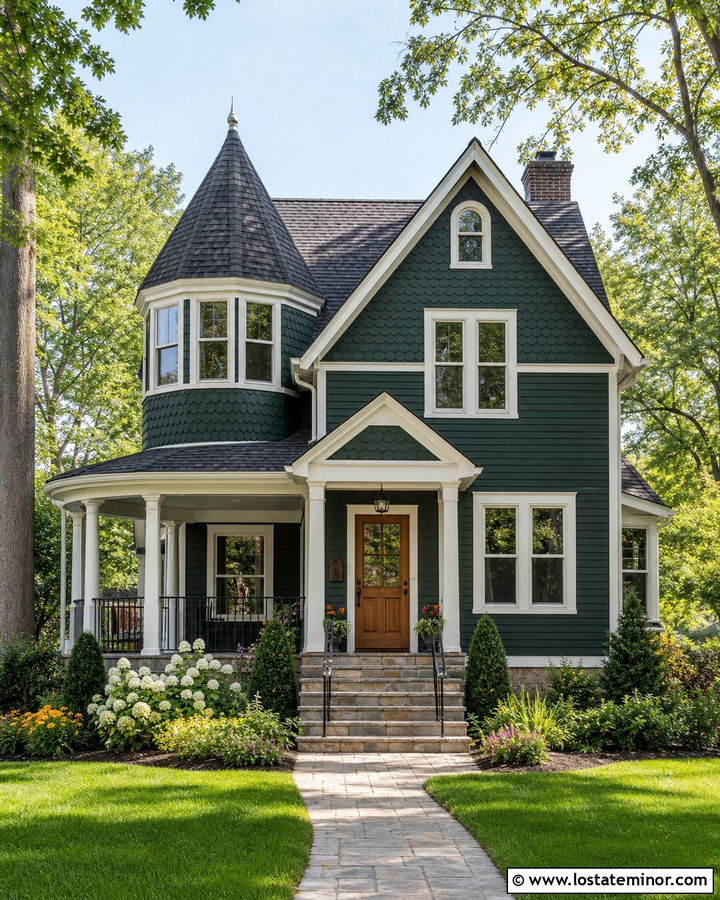 Forest Green House With Mixed Shingle Patterns - 30 Forest Green House Design With Shingles Ideas
