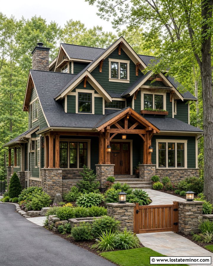 Forest Green House With Mixed Wood And Stone Accents - 30 Forest Green House Design With Accents Ideas
