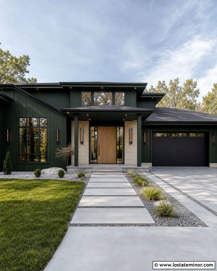 Forest Green House With Modern Black Sconces - 30 Forest Green House Design With Lighting Ideas