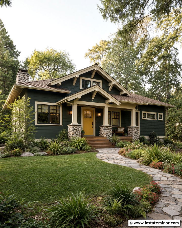 Forest Green House With Mustard Yellow Front Door - 30 Forest Green House Design With Front Door Ideas