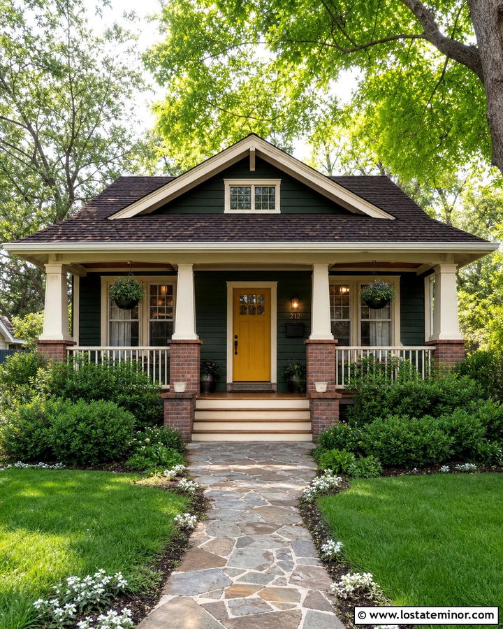 Forest Green House With Mustard Yellow Front Door - 30 Forest Green House Design With Entry Door Ideas