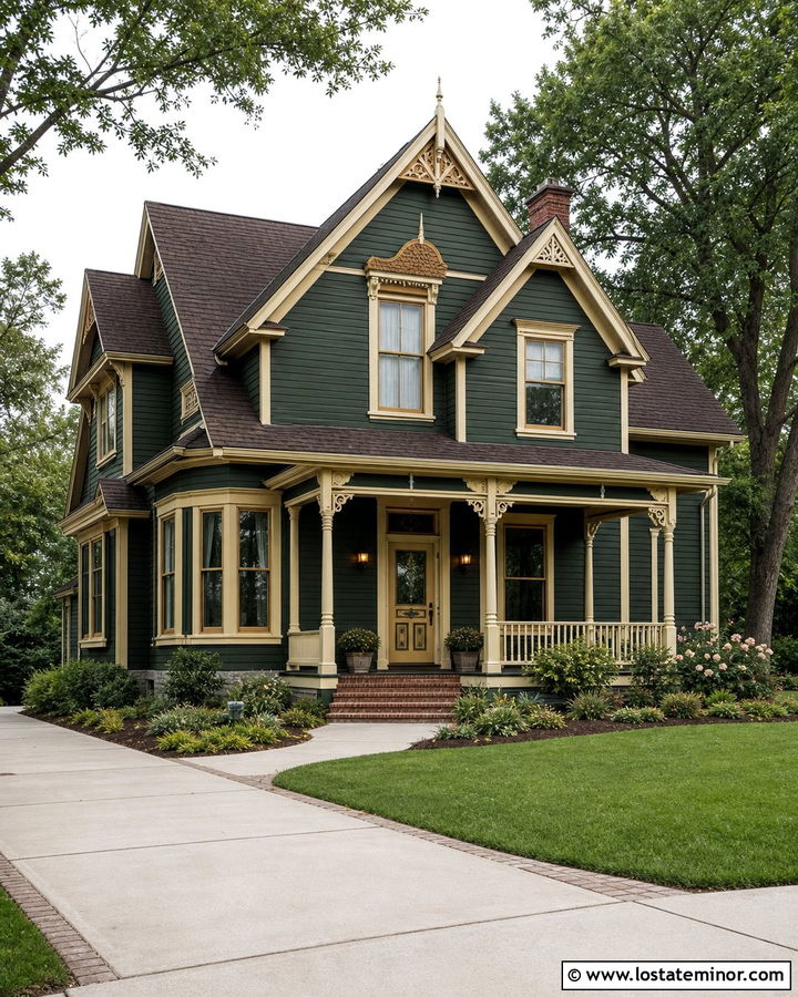 Forest Green House With Muted Gold Trim - 30 Forest Green House Design With Trim Ideas