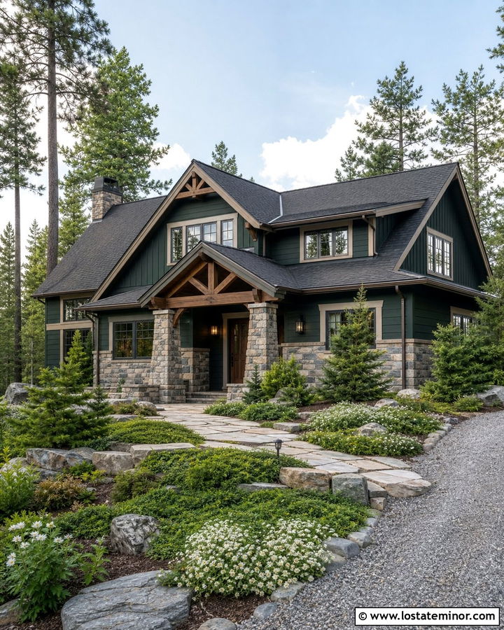 Forest Green House With Natural Stone Landscaping - 30 Forest Green House Design With Landscaping Ideas