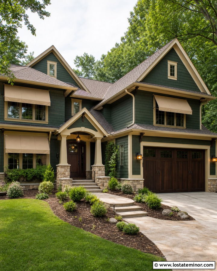 Forest Green House With Natural Tan Awnings - 30 Forest Green House Design With Awning Ideas
