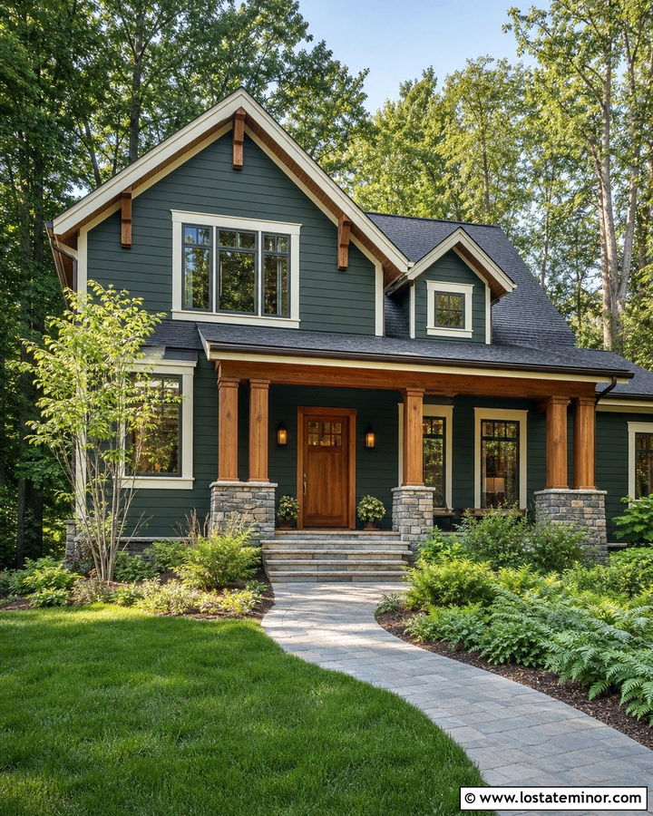 Forest Green House With Natural Wood Columns - 30 Forest Green House Design With Porch Columns Ideas