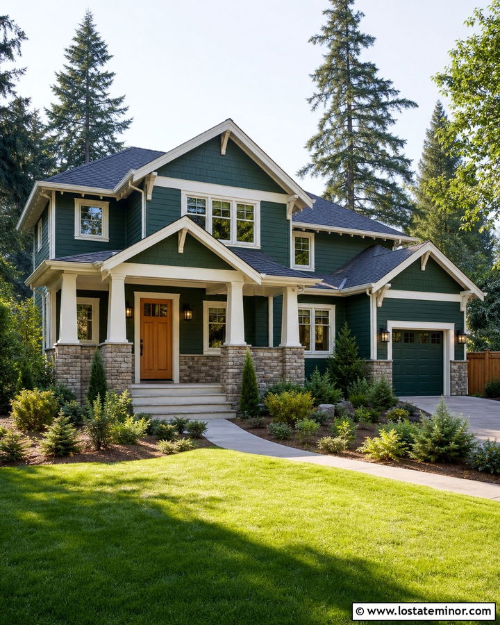Forest Green House With Natural Wood Front Door - 30 Forest Green House Design With Front Door Ideas