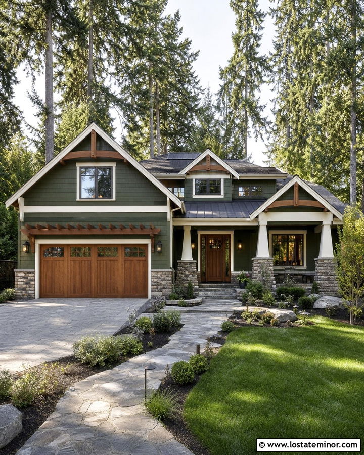 Forest Green House With Natural Wood Garage Door - 30 Forest Green House Design With Garage Door Ideas