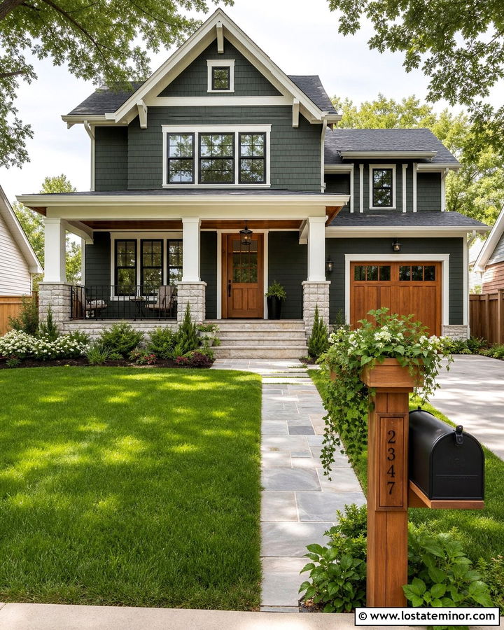 Forest Green House With Natural Wood Mailbox - 30 Forest Green House Design With Mailbox Ideas