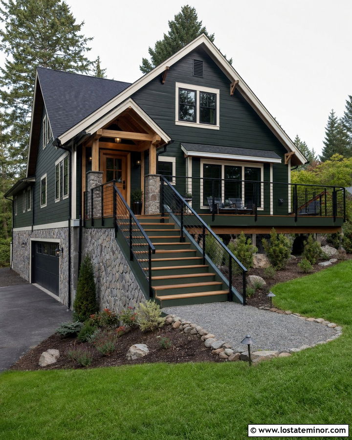 Forest Green House With Natural Wood Stairs - 30 Forest Green House Design With Deck Ideas