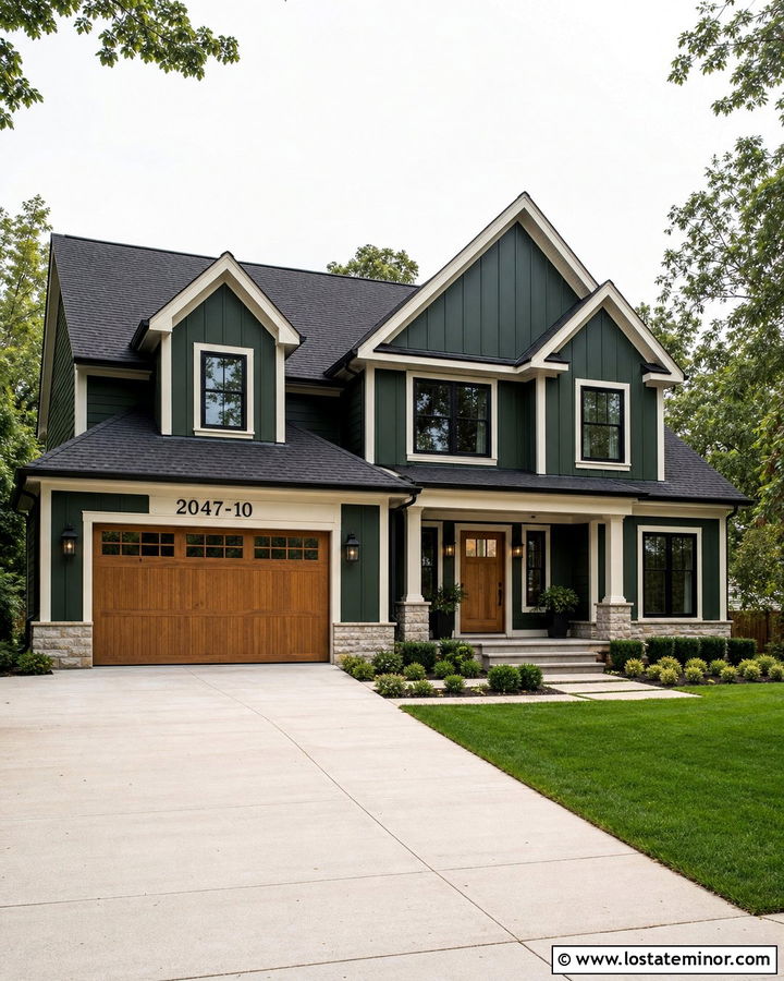 Forest Green House With Numbers Above The Garage - 30 Forest Green House Design With House Numbers Ideas