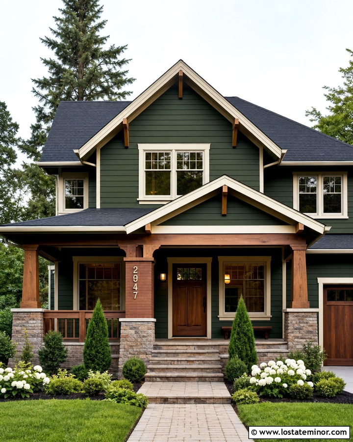 Forest Green House With Numbers On A Brick Column - 30 Forest Green House Design With House Numbers Ideas