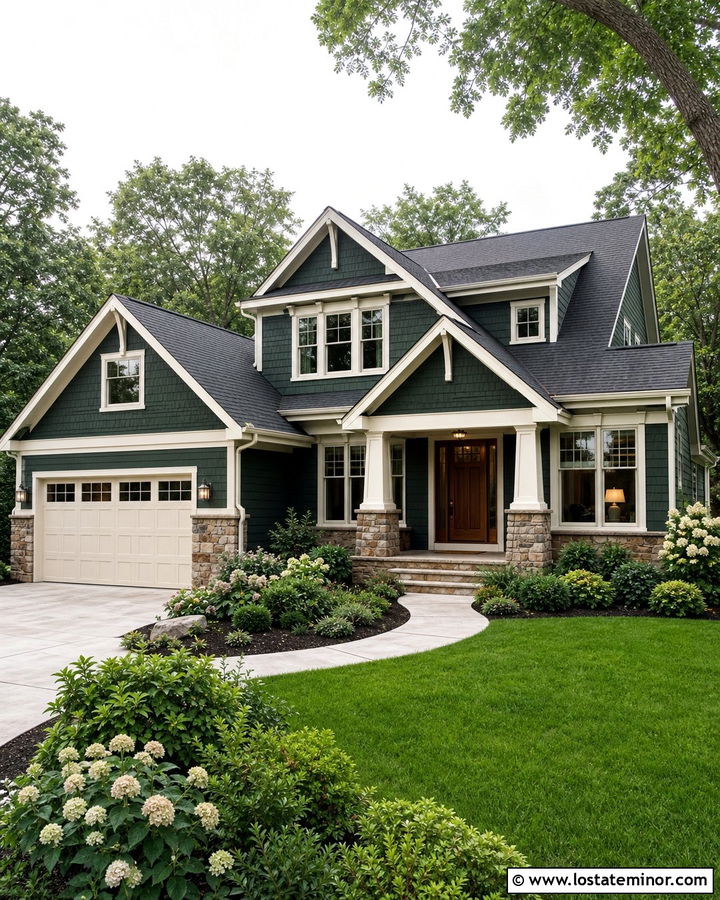 Forest Green House With Off White Trim And Stone Accents - 30 Forest Green House Design With Trim Ideas