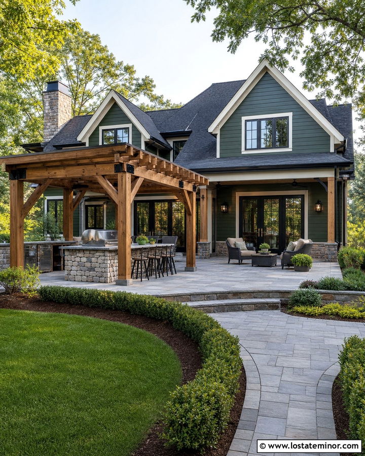 Forest Green House With Outdoor Kitchen Pergola - 30 Forest Green House Design With Pergola Ideas